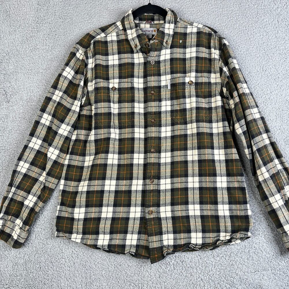Carhartt Flannel Shirt Men Large Green Plaid Relaxed Button Workwear SPOTS PAINT